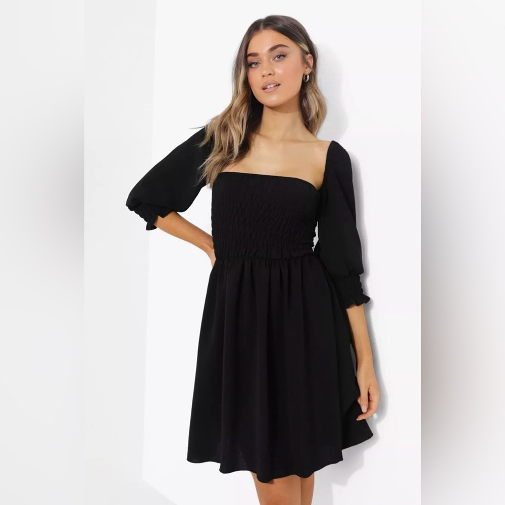 Urban Outfitters Caterina Linen Off-The-Shoulder Mini Dress Boho Babydoll Black